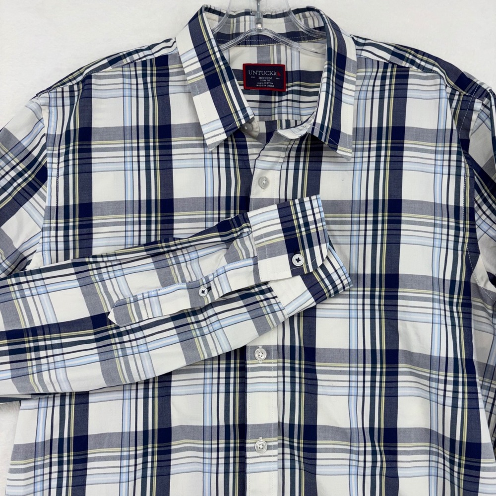 UNTUCKit Mens Slim Fit Plaid Button Down Shirt Navy Blue White Medium Cotton